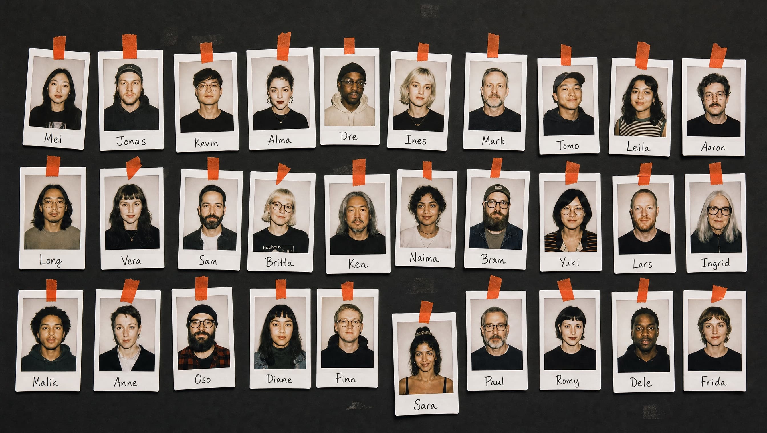 A wall of polaroid portraits: Rue's forward-deployed engineers